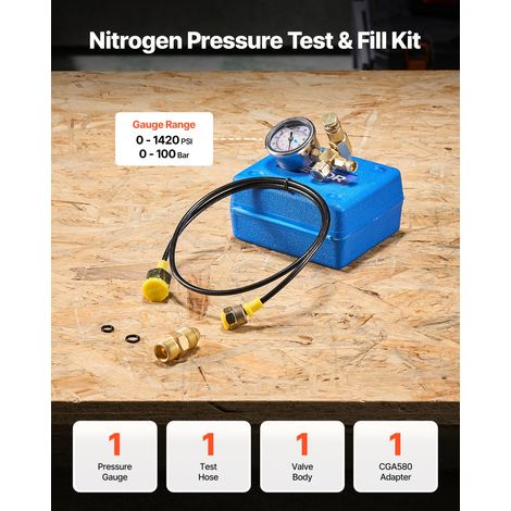 Kit de Gonflage d'Accumulateur d'Azote Hydraulique 0-1420 PSI, Coffret Test de Pression avec 1 Manomètre, 1 Tuyau de Gaz, 1 Corps d…