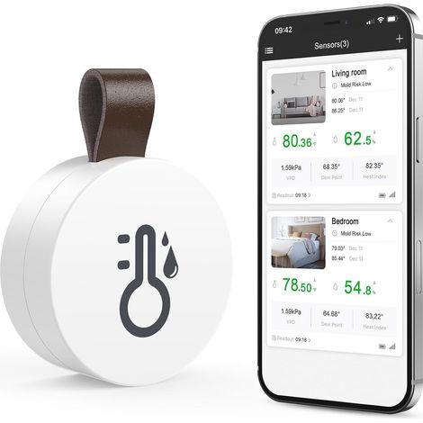 Thermomètre Hygromètre Bluetooth, Capteur de Température Humidité avec Fonction d'Exportation de Données, Mini Thermomètre d'Intérieur pour Vin, Salon, Maison (1/5)