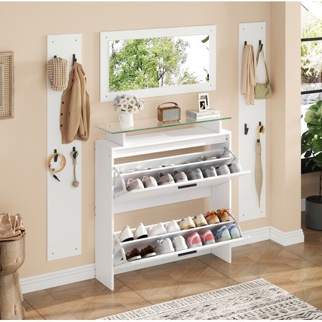 Set guardaroba d'ingresso 4 pezzi con specchio, mobile porta scarpe bianco 89,5 x 23 x 96,5 cm (1/5)