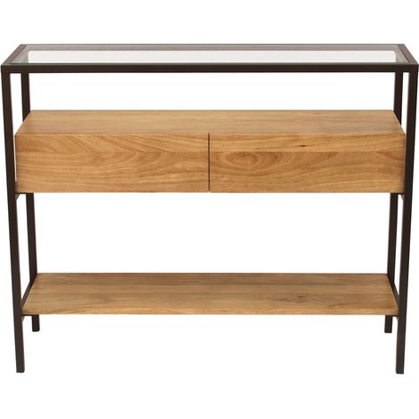 Console en bois clair manguier massif et plateau en verre 2 tiroirs L100 cm SITA