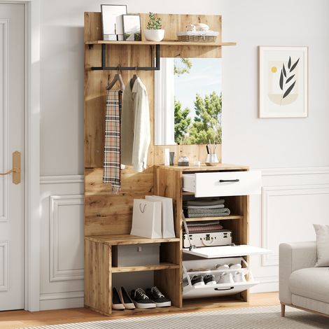 Armario de recibidor 100x38.5x190 cm blanco y madera natural en tablero de partículas con espejo y banco zapatero (1/5)
