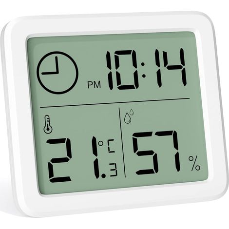 Digitales Mini-Thermometer für den Innenbereich, professionelles tragbares Hygrometer mit großem Display und Uhr, präzises weißes Thermometer, Hygrometer für Zuhause, Babyzimmer, Gewächshaus, Büro