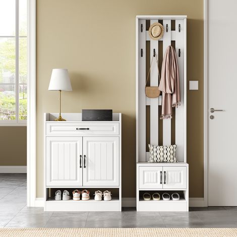Weißes Eingangsbereich-Möbelset, Garderobenständer mit Haken, Schuhbank und Schuhschrank, 8 Haken, 4 Türen, 1 Schublade