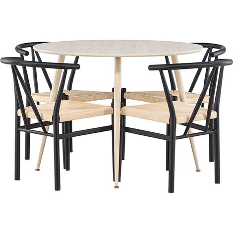 Plaza Essgruppe Tisch Ø100cm und 4 Stühle mit Armlehnen stapelbar whitewash.