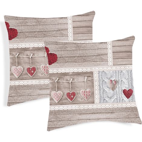 Coppia Cuscini Arredo Imbottiti 40x40 Disegno Shabby Love Colore Rosso