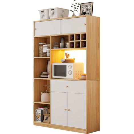 Küchenbuffet Hochschrank mit 3 Türen, 1 Schublade, Offenen Fächern und LED für Küche aus Spanplatte Weiß Natur 115x35x180 cm (1/5)
