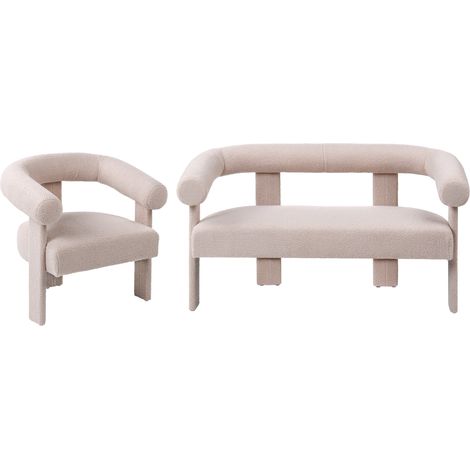 Conjunto de sala de estar retro sofá 2 plazas sillón completamente tapizado de bouclé beige claro Ilbro