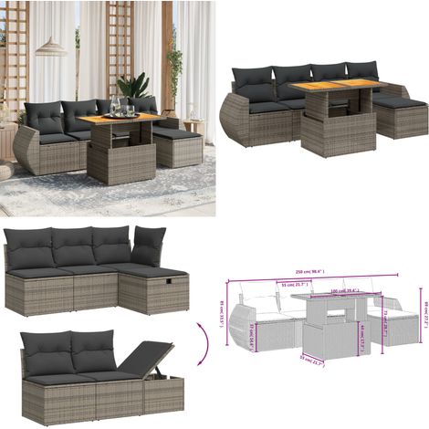 Set Divano da Giardino 6 pz con Cuscini Grigio in Polyrattan - Seduta da esterno - Tavolo da giardino
