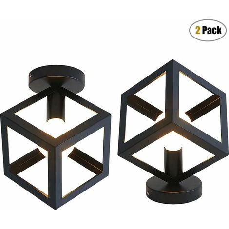 2x Retro Plafonnier Industrielle Cage en forme Cube en Métal Fer Lustre Suspension Luminaire pour Salon Salle Chambre Décorer Maison Cuisine (Noir) BLOW (1/4)