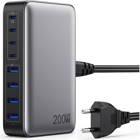 KLVGTIFS PU - Chargeur USB-C 200 W, chargeur rapide avec technologie GaN III, 8 ports PD QC PPS, compatible avec les ordinateurs portables jusqu'à 65 W. (1/5)