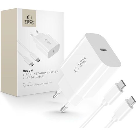 TECH-PROTECT NC20W 1-PORT-Netzwerkladegerät PD20W + USB-C-Kabel, weiß