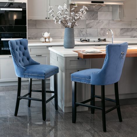 Tabouret de bar contemporain en velours rembourré avec décorations à boutons et pied en bois - Lot de 2 - Bleu (1/5)