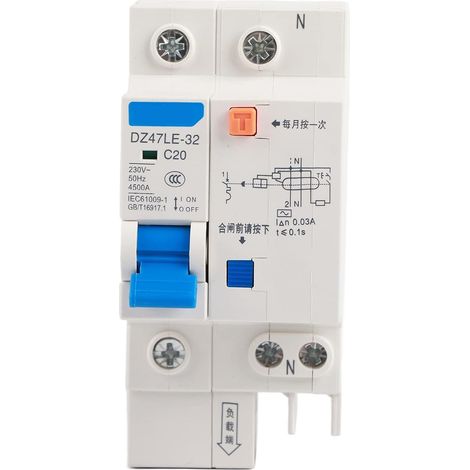 DZ47LE-32 1P + N Disjoncteur 16A 20A 230V Terre Fuite fuite Protection contre les courts-circuits Protection(20A), Briseur (1/5)