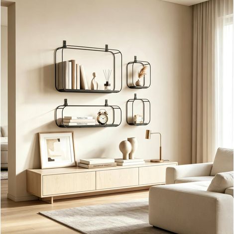 Set di 4 mensole da parete industriali in metallo e MDF nere (1/4)