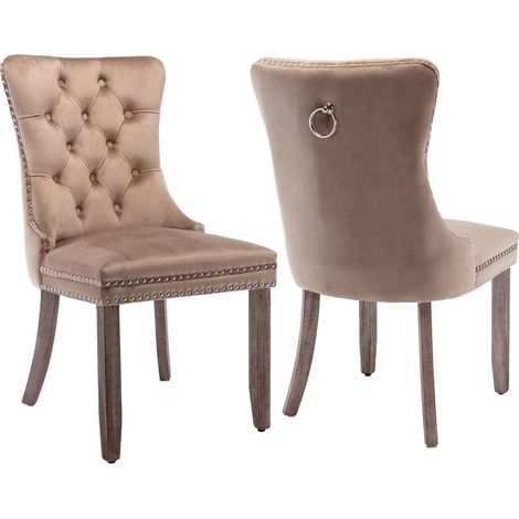 Lot de 2 chaises de salle à manger en velours, dossier haut, pieds bois massif, couleur Kaki (1/5)
