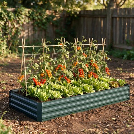 Bancal elevado rectangular de acero verde oscuro 241 x 90,5 x 30 cm OKWISH (1/4)