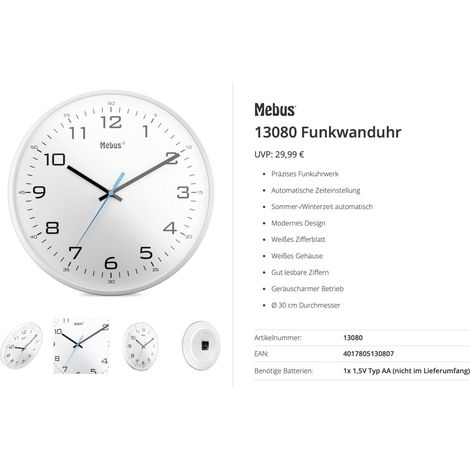 Mebus 13080 Funk Funkuhr 30 cm Weiß Leisegang-Uhrwerk