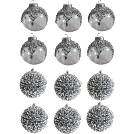 Set di 12 Palline Trasparenti e Argento Glitterate H8 cm Decorazione per Albero di natale (1/4)