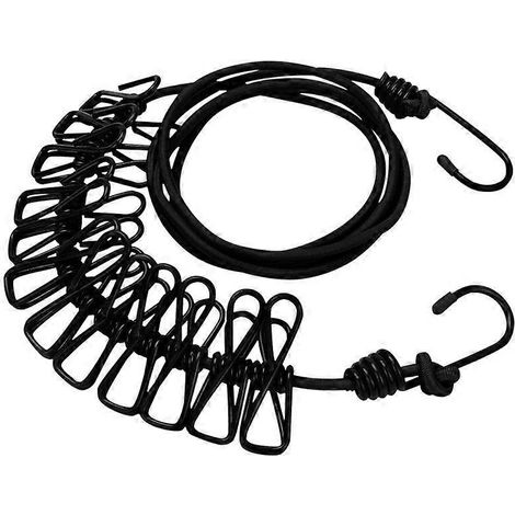 NoirÉtendoir à linge portable de voyage avec 12 pinces (1,8 m), corde à linge élastique coupe-vent pour le camping, l'hôtel et la maison