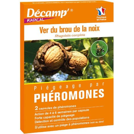 Phéromones contre le ver du brou de la noix – Lutte biologique ciblée – Utilisation avec piège – Efficacité 4 à 6 semaines par capsule – Décamp'