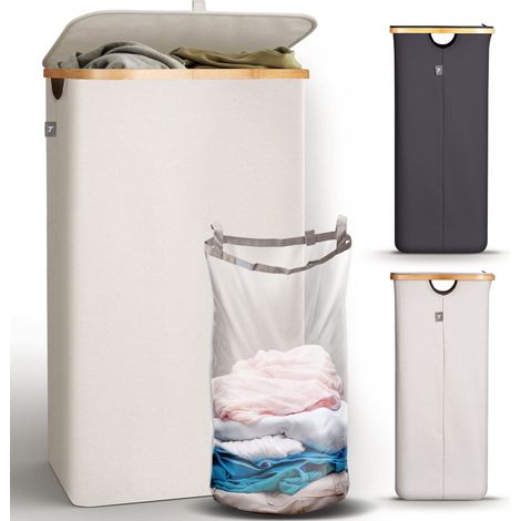 Panier a Linge avec Couvercle - Corbeille a Linge Poignée en Bambou - Paniere a Linge Sale Pliable 100 L - Bac a Linge pour Buanderie,Panier à Linge, Beige (1/2)