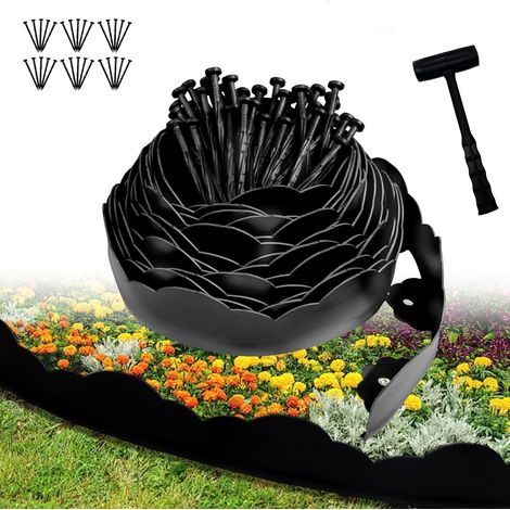 Bordure de Jardin Flexible 10m,Hauteur 7 cm,Bordure Jardin Exterieur Plastique,avec 30 piquets + 1 Marteau(Bord ondulé, 7cmx10m)