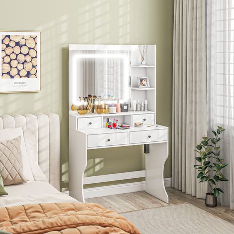 Schminktisch mit 3-farbiger LED-Beleuchtung und Spiegel, Make-up-Station mit USB-Anschlüssen, 4 Schubladen und Ablagen, 90 x 45 x 160 cm, Weiß
