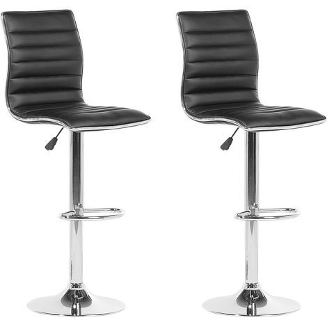 Conjunto de 2 sillas de bar de piel sintética negra con marco plateado giratoria con altura ajustable Lucerne