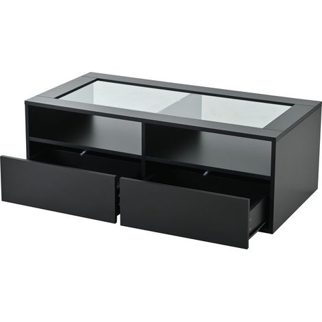 Schwarzer Couchtisch 100 x 50 x 35 cm mit LED, 2 Schubladen und Glasplatte (1/5)