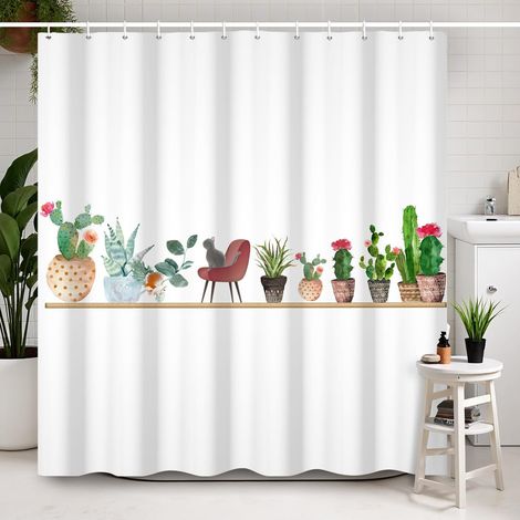 180x200cm Rideau de Douche Cactus Chat Vert désert Animaux Aquarelle Cactus Chat de Compagnie Décoration de Baignoire Accessoires Imperméable Polyester (1/4)