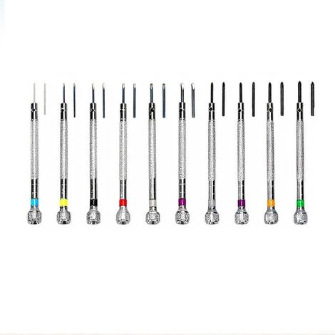 Set of 21 precision screwdrivers with steel tips, ergonomic handle, and color-coded sizes for repairing watches, glasses, jewelry, phones, and metal construction. (1/5)