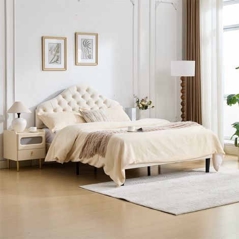 Lit 140x200cm - Lit Rembourré en Velours - Tête de Lit Nuage Réglable et Capitonnée - Sommier à Lattes - Beige Élégant (1/5)