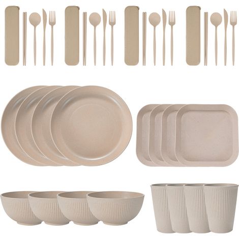 Tragbares Geschirrset aus Weizenstroh (Schüsseln, Teller und Becher), Messer, Gabel, Löffel und portugiesische Essstäbchen. 36-teiliges Set.