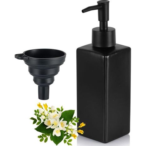 350ML Distributeur Savon Noir Mat, Bouteille Liquide Vaisselle, Carré Distributeur de Savon en Verre, avec Palettes, Étiquettes pour la Cuisine et la Douche