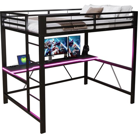 CHICFURN Lit mezzanine gamer 140x200 en métal noir avec bureau intégré, LED multicolore, station USB, garde-corps sécurité et rangement sous le couchage (1/5)