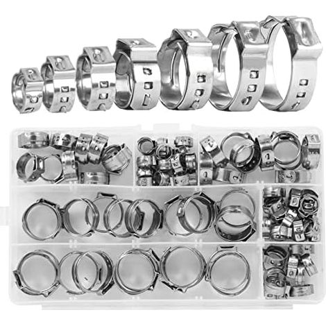85 Stück Schlauchschellen aus Edelstahl, Einzel-Ohr-Schlauchklemmen, Edelstahl-Schlauchschellen, 7 – 21 mm, Schlauchschellenringe für den Einsatz im Automobilbereich (1/5)