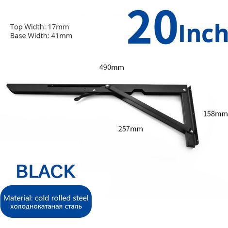 (Noir 50 cm - FR) 2 équerres pliantes en acier inoxydable, blanc et noir, support mural triangulaire en fer pour étagère, banc ou table (1/5)