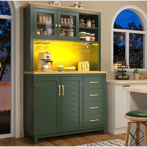 Buffet de cuisine en MDF vert 105,5 x 40 x 180 cm, grand rangement, bande LED pilotable par application