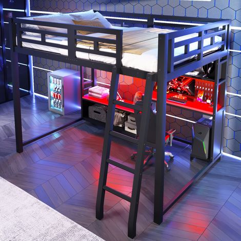 Lit mezzanine 140x200 cm noir en métal et MDF avec bureau, LED RGB et étagères (1/5)