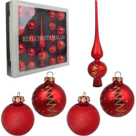 Elegantes Set Weihnachtskugeln aus Glas mit Aufsatz - Rot, 18-teilig (1/5)