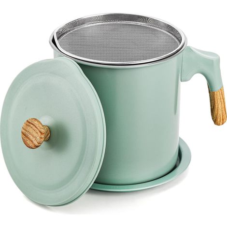 Contenedor para grasa de tocino con colador, olla de acero inoxidable de 1,4 l/48 oz para filtrar aceite de cocina, contenedor verde para aceite de cocina usado, grasa y aceite de freír. (1/5)