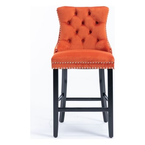 Tabourets de bar modernes rembourrés en velours (Avec détails à boutons et fermetures éclair, pieds en bois massif et accents cloutés chromés) — Tabourets de bar au style décontracté, Lot de 2 (Orange