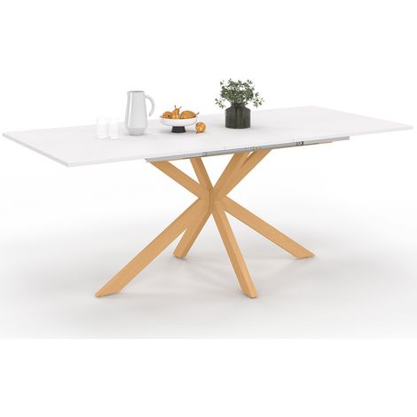 Table à manger extensible rectangle GISELE 6-10 personnes pied araignée bois et plateau blanc 160-200 cm