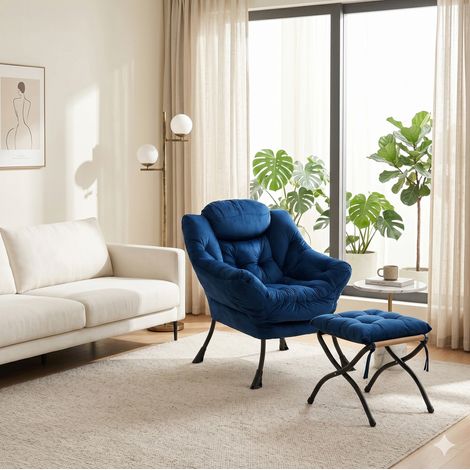 Fauteuil relax avec repose-pieds 72x79x96 cm bleu foncé, poche latérale, tissu et métal, MEUBLIV (1/5)