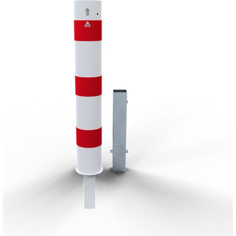 Schake Stahlrohrpoller herausnehmbar mit Profilzylinderschloss aus Stahlrohr verzinkt Ø152x3,2mm weiß beschichtet mit rot reflektierenden Leuchtstreifen 1500mm Gesamtlänge (1/2)