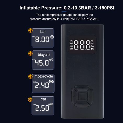 Gonfleur de pneus portable, compresseur d'air, manomètre numérique avec voyant LED, rechargeable par USB, pompe à air électrique 150 PSI pour voiture, vélo, moto, ballons