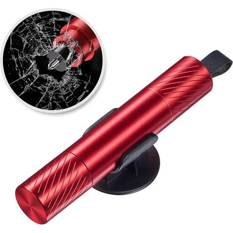 Marteau de sécurité - Marteau d'urgence - Marteau de voiture - Marteau de sécurité 2 en 1 avec coupe-ceinture - Comprend un verre de test et un support auto-adhésif - Support - Sécurité - Rouge (1/3)