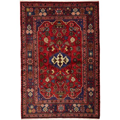 Tapis d'orient 136 x 202 cm, motif oriental, rouge, beige et bleu, en laine naturelle, noué à la main en Iran (1/5)