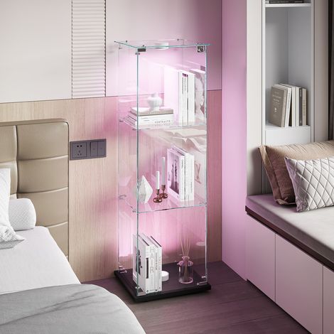 Vitrines en verre 39.8 x 35 x 123.3 cm, LED réglable, 3 étagères et 1 portes, vitrine armoire, verre trempé, design transparent 360°, noir (1/5)