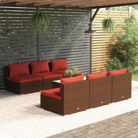 7-tlg. Garten-Lounge-Set mit Kissen Poly Rattan Braun (1/5)